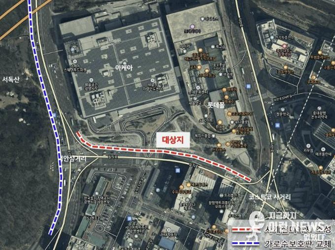 일직로와 오리로에 조성되는 녹지 조성 공간 위치도. 빨간색이 일직로, 파란색이 오리로