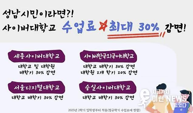 성남시민 4곳 사이버대학교 수업료 최대 30% 감면 홍보 이미지