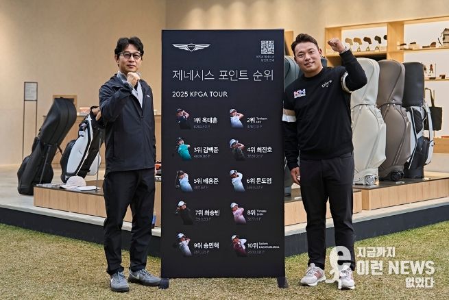 제네시스사업본부장 송민규 부사장(좌)이 이승택 선수의 PGA 투어 입성을 축하하며 제네시스 포인트 순위보드 앞에서 기념촬영을 하고 있다