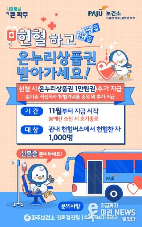 파주시, 헌혈자에 온누리상품권 지원 시작