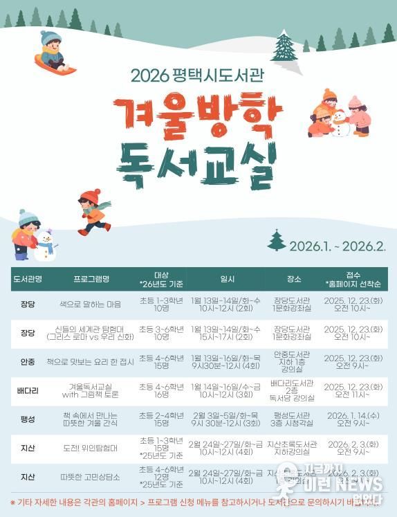 2026년 평택시 도서관 ‘겨울방학 독서교실’ 운영