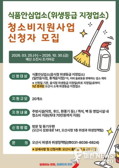 오산시, 식품안심업소 대상 청소비 최대 70만원 지원