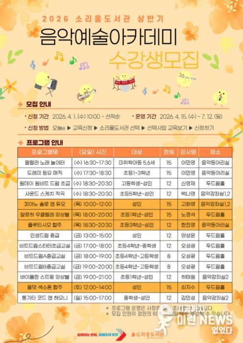 오산시 소리울도서관, ‘상반기 음악예술아카데미’ 수강생 모집